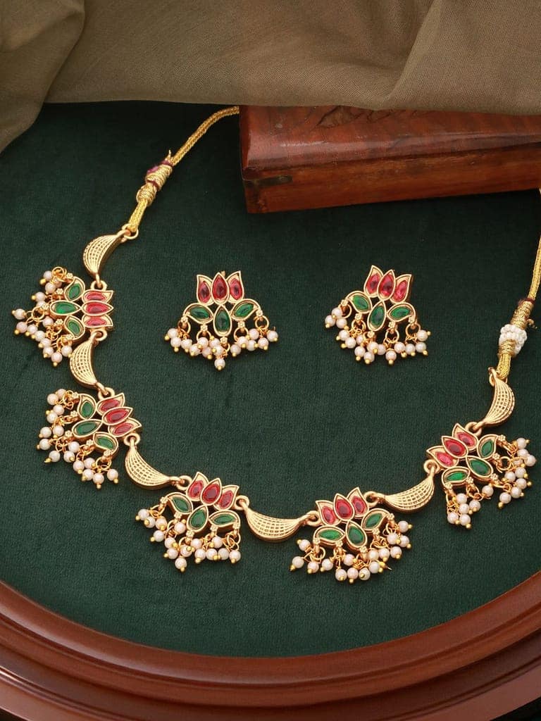 Gold Plated Red & Green Stone Studded Lotus Choker Jewellery Set view 3