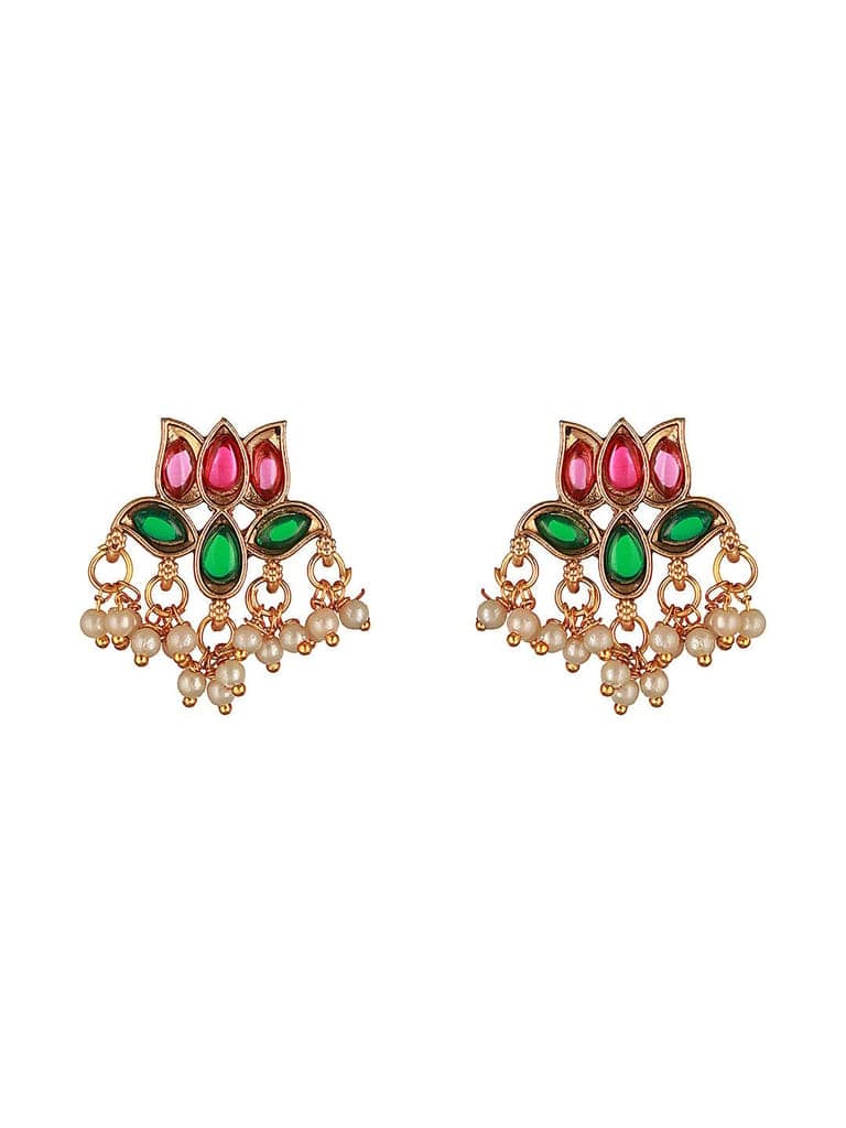 Gold Plated Red & Green Stone Studded Lotus Choker Jewellery Set view 5