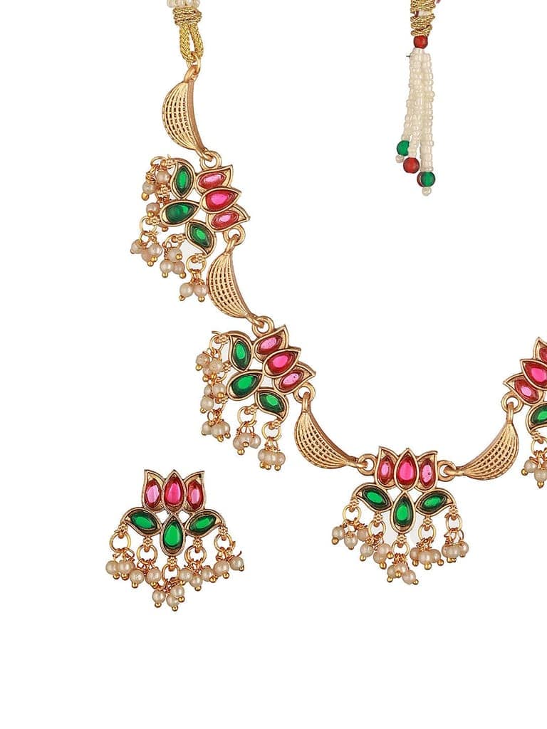 Gold Plated Red & Green Stone Studded Lotus Choker Jewellery Set view 6