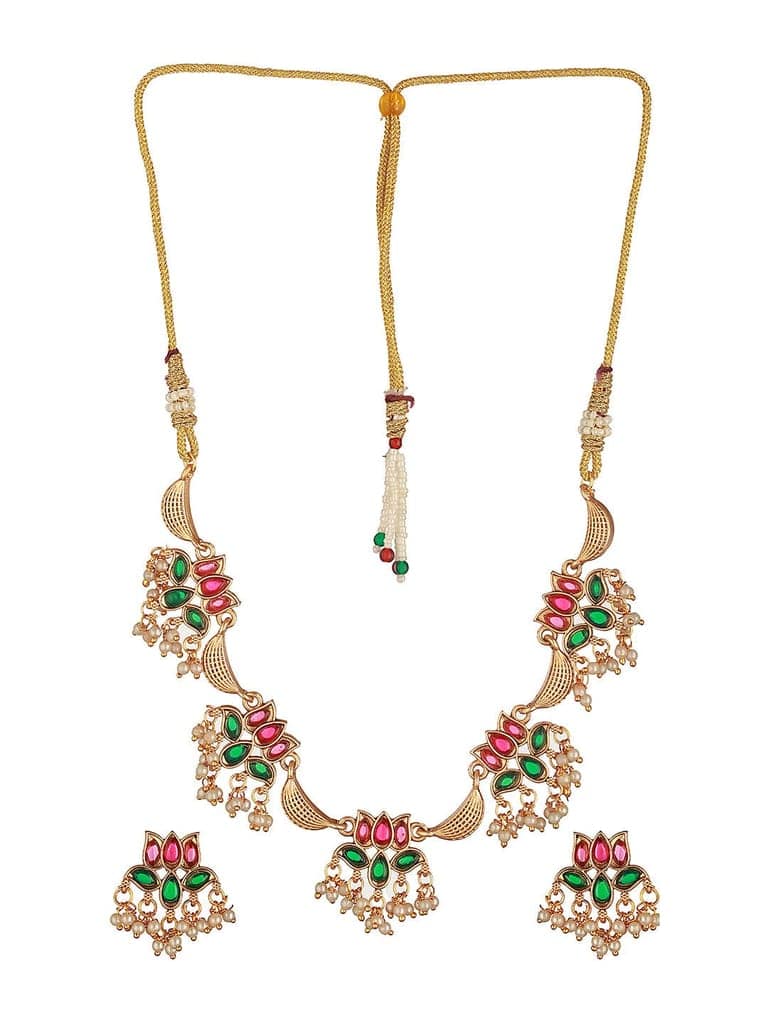 Gold Plated Red & Green Stone Studded Lotus Choker Jewellery Set view 7