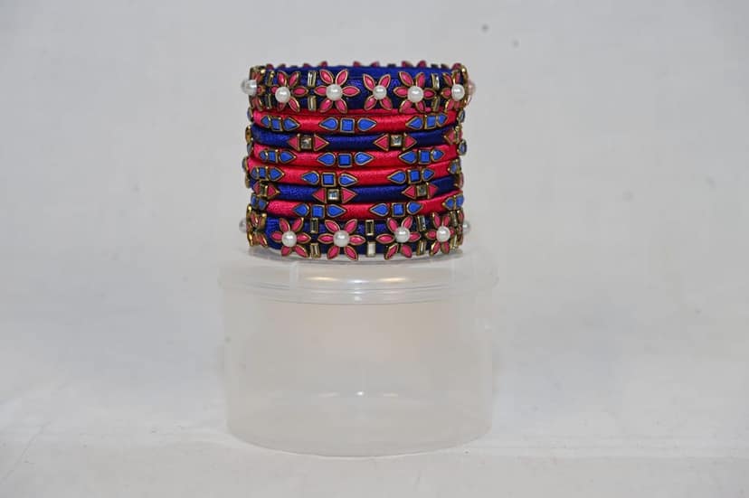 Thread Bangles with Stone and Pearl in Pink and Blue