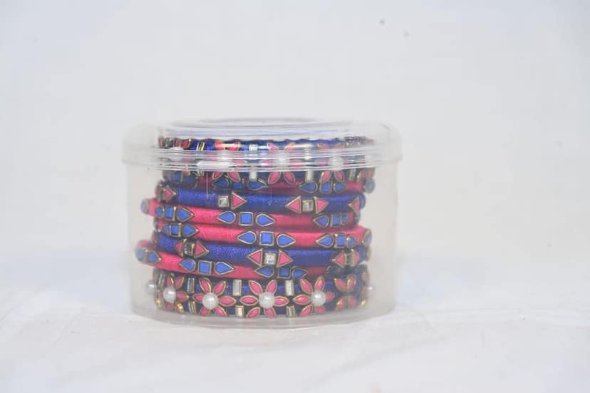 Thread Bangles with Stone and Pearl in Pink and Blue view 2