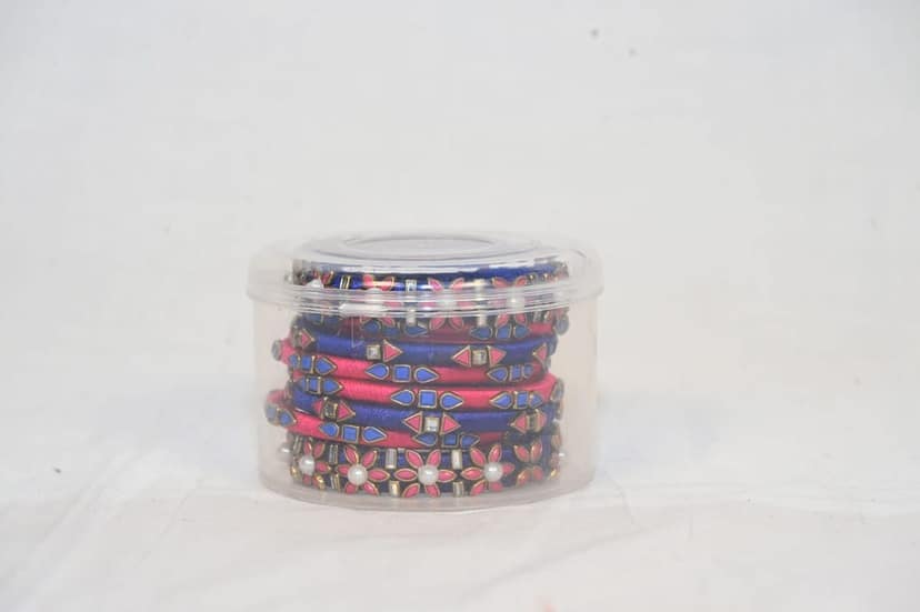 Thread Bangles with Stone and Pearl in Pink and Blue view 3