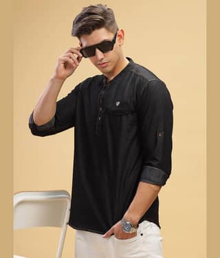 Kuons Avenue Cotton Plain Regular Kurta For Men ( Black )