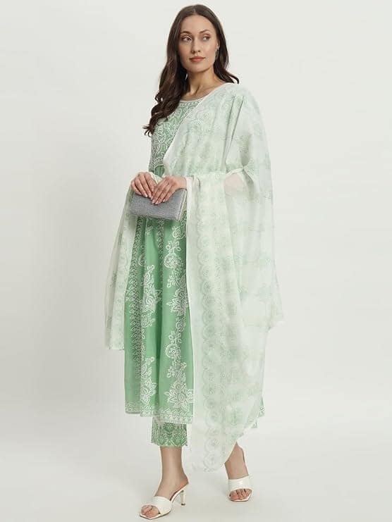 Green Chikankari Embroidered A-Line Kurta with Pant Set view 2