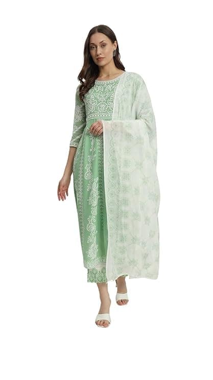 Green Chikankari Embroidered A-Line Kurta with Pant Set view 3