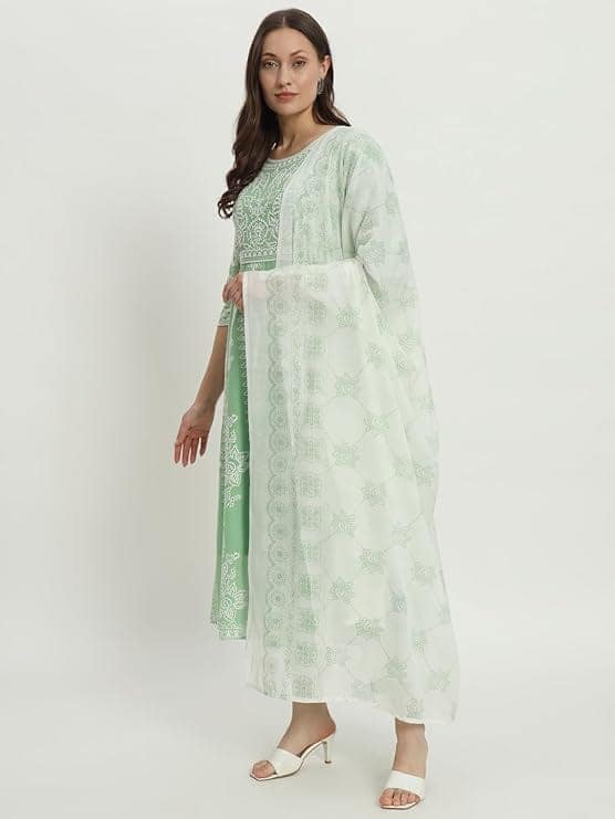 Green Chikankari Embroidered A-Line Kurta with Pant Set view 4