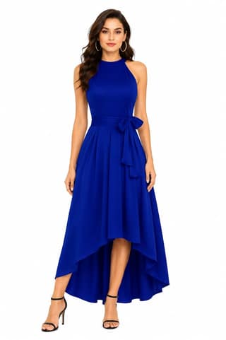 LICOLA Women & Girls Halter Neck High Low Maxi Dress with Waist Tie | Stylish One Piece Long Gown for Women | Sleeveless Western Dress for Women Party Wear & Casual