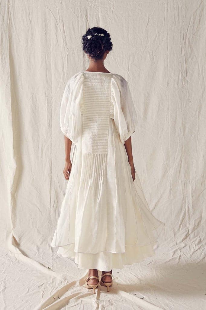 Ivory Balloon Sleeve Dress In Cotton Silk Chanderi And Off White Checks Cotton Khadi Mulmul view 3