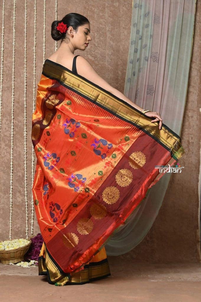 Tyohaar ~ Handloom Pure Silk Maharani Paithani Saree with Handcrafted Maharani Pallu ~ Saphire Orange view 3