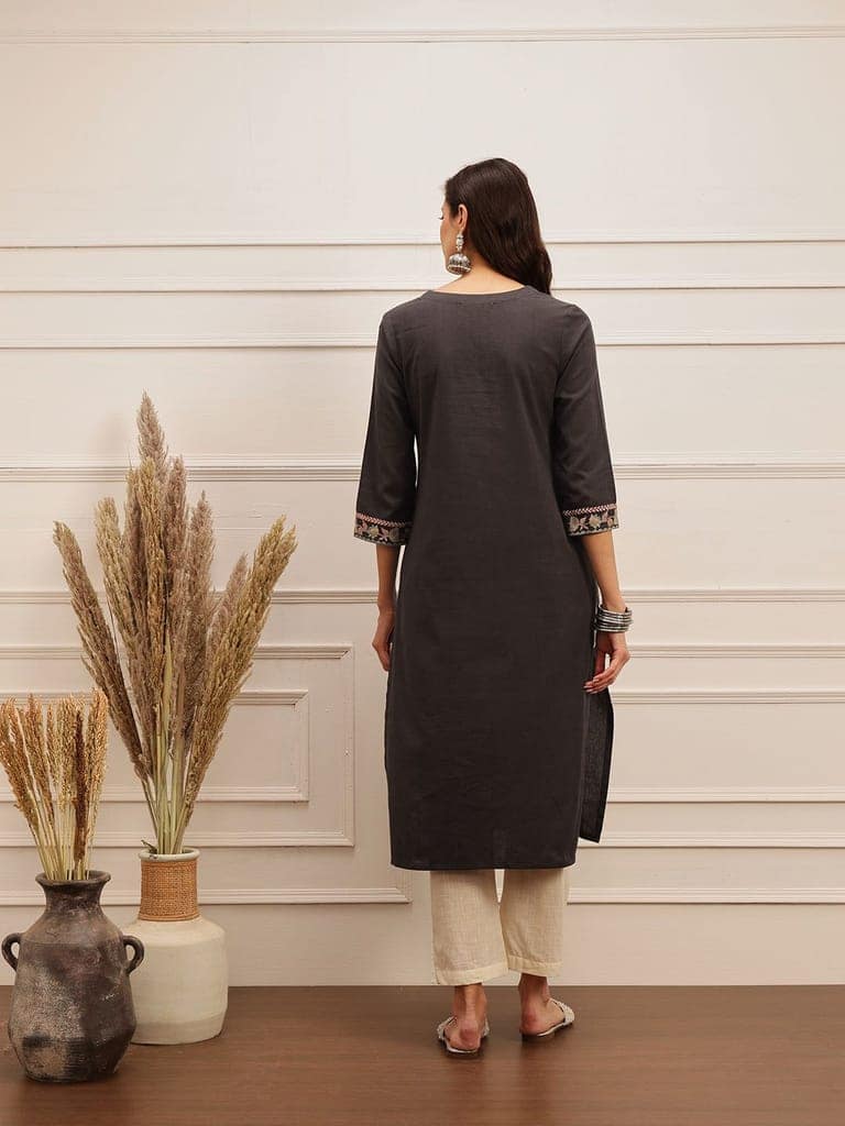 Charcoal Grey Embroidered Cotton Kurta view 5