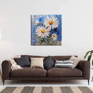 TEXTURED WHITE DAISY FLOWERS PAINTINGS 24in X 24in WITH BLACK FRAME