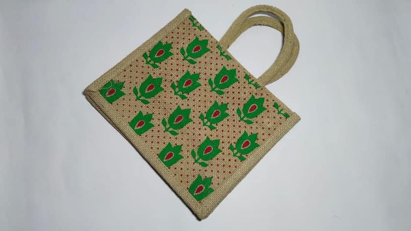 Handcrafted Jute Bag with Floral Prints view 3