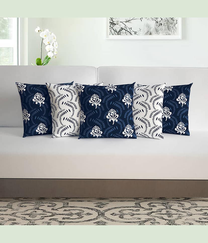 DIVINE CASA Set of 5 Polyester Abstract Square Cushion Cover (40X40)cm - Navy