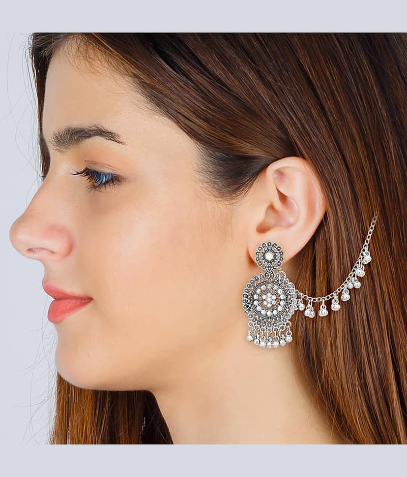 LUV FASHION Silver Ear Chain Earrings ( Pack of 1 ) view 2