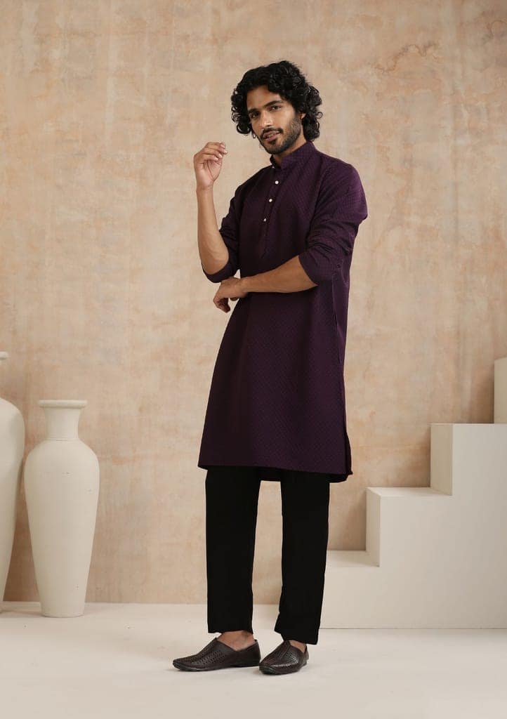 Dobby Textured Solid Men's Long Kurta - Dark Purple view 3