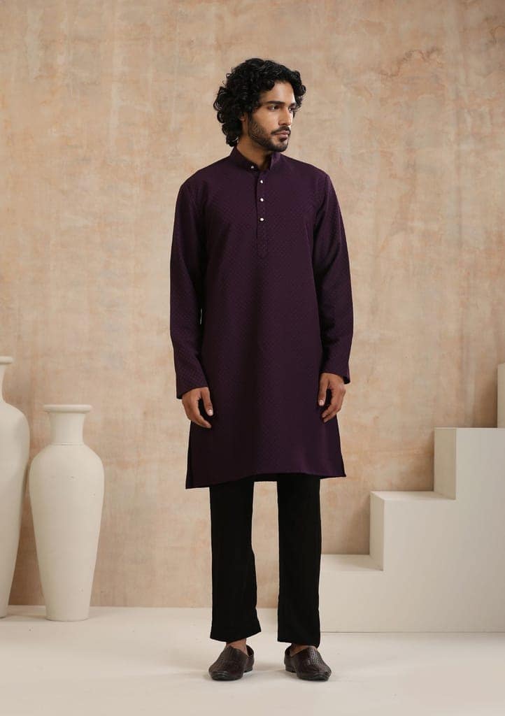 Dobby Textured Solid Men's Long Kurta - Dark Purple view 4