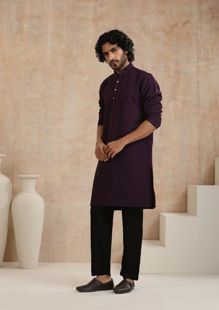 Dobby Textured Solid Men's Long Kurta - Dark Purple view 5