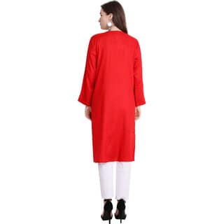 Numak Women Chikan Embroidery Straight Kurta (Red, White) view 2