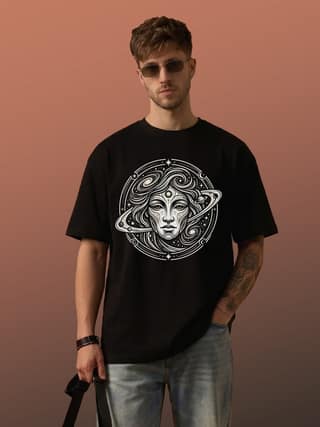 The Retro India Men Oversized Black Cotton T Shirt Cosmic Face Graphic Print | Premium Printed Stylish Streetwear T Shirt for Men | Trendy Designer Mens Oversize Fit Casual Wear