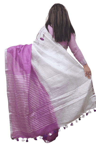 Linen Half & Half Embroidery Saree view 2