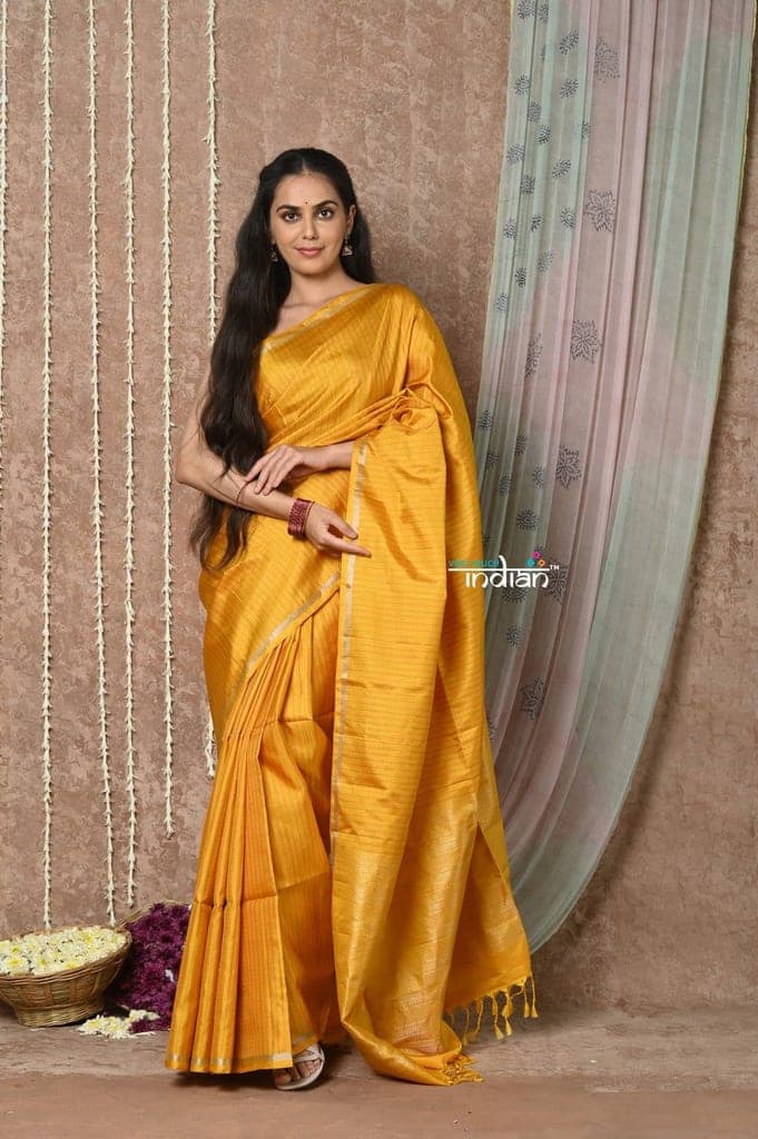 Tyohaar ~ Handloom Pure Silk Saree with Handwoven Zari Work On Pallu ~ Mustard Yellow