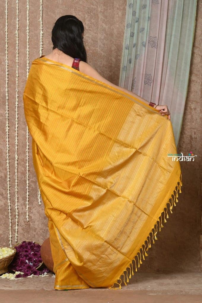 Tyohaar ~ Handloom Pure Silk Saree with Handwoven Zari Work On Pallu ~ Mustard Yellow view 3