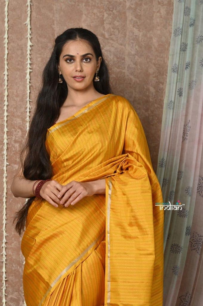 Tyohaar ~ Handloom Pure Silk Saree with Handwoven Zari Work On Pallu ~ Mustard Yellow view 4