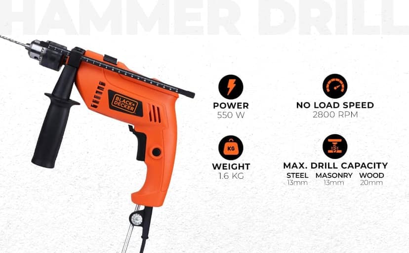 BLACK+DECKER HD555KMPR-B1 100 Pc 13MM 550W HAMMER DRILL & HANDTOOL KIT(Incl. Hammer, Screwdriver, Pliers, Wrench, SideHandle, Depth Gauge,Drill Bits & Accessories, Ideal for Home,DIY &Professional Use view 3