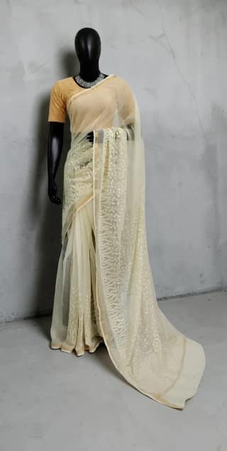 Kota Doria Cotton-Silk Saree with Leaf-Vine Block Print