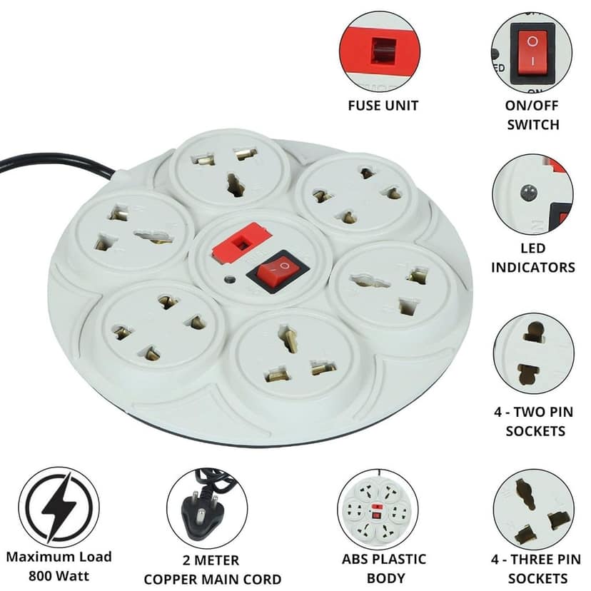 8+1-Socket Round Extension Cord with Individual Switches and Overload Protection fuse view 2