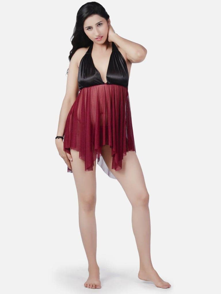 Sheer Net Hot Wine Babydoll Bikini Night Dress for Honeymoon K6KW view 5