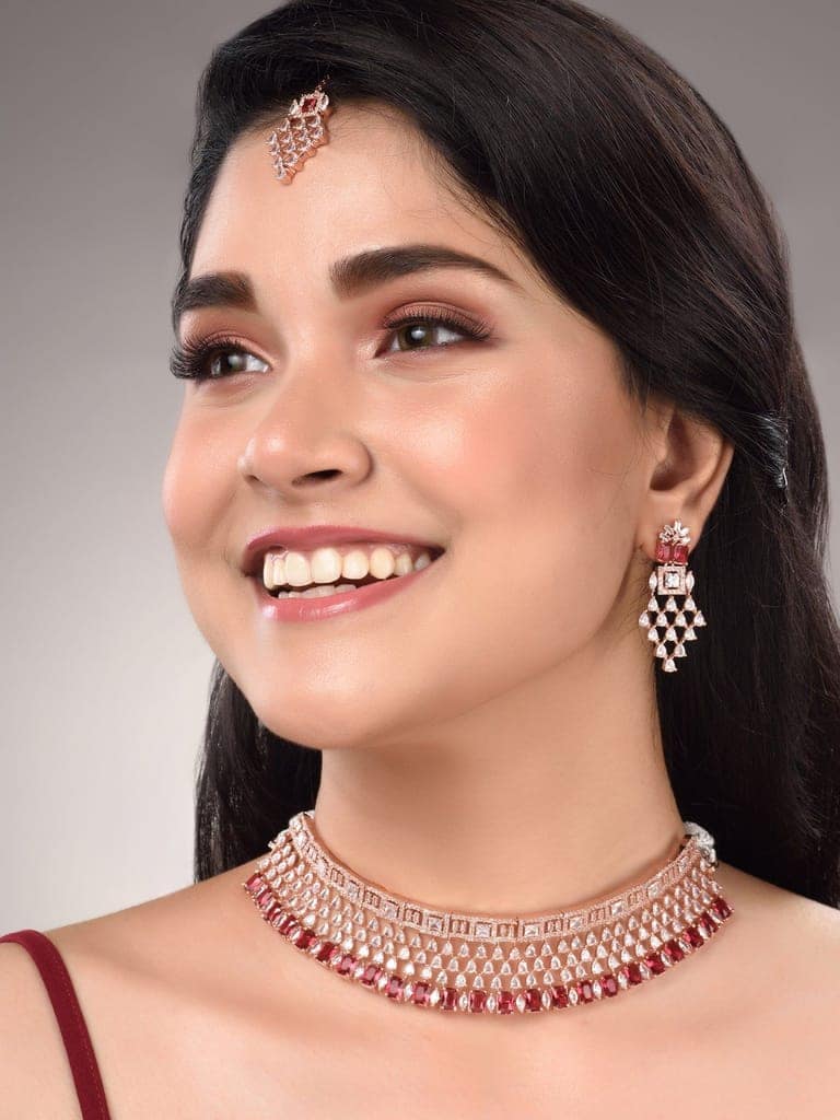 Rose Gold Plated White & Red AD Studded Choker Jewellery Set Earrings & tika view 2