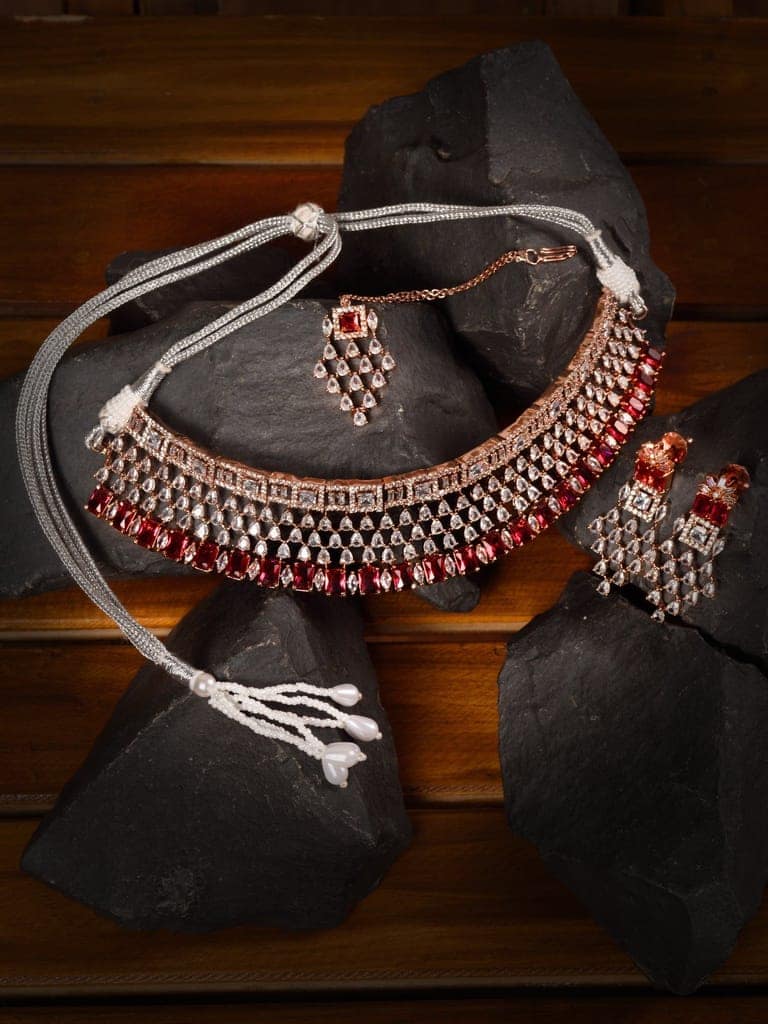 Rose Gold Plated White & Red AD Studded Choker Jewellery Set Earrings & tika view 3