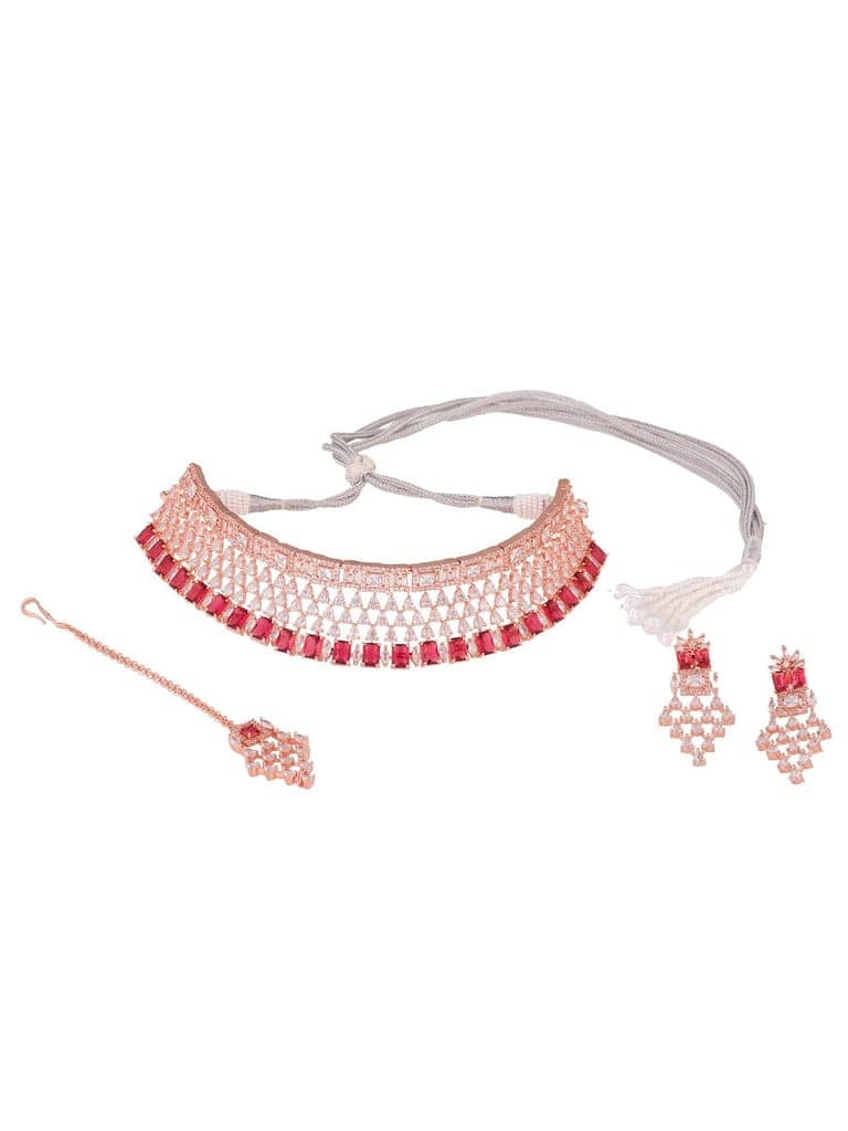 Rose Gold Plated White & Red AD Studded Choker Jewellery Set Earrings & tika view 4