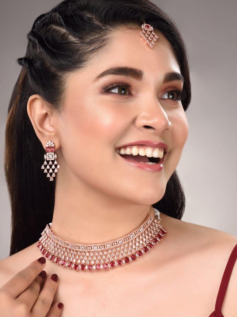 Rose Gold Plated White & Red AD Studded Choker Jewellery Set Earrings & tika view 8