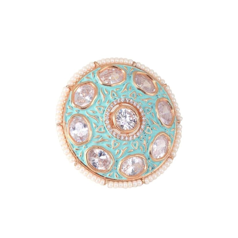 Gold plated Mint AD studded handcrafted adjustable Ring for Women & Girls view 2