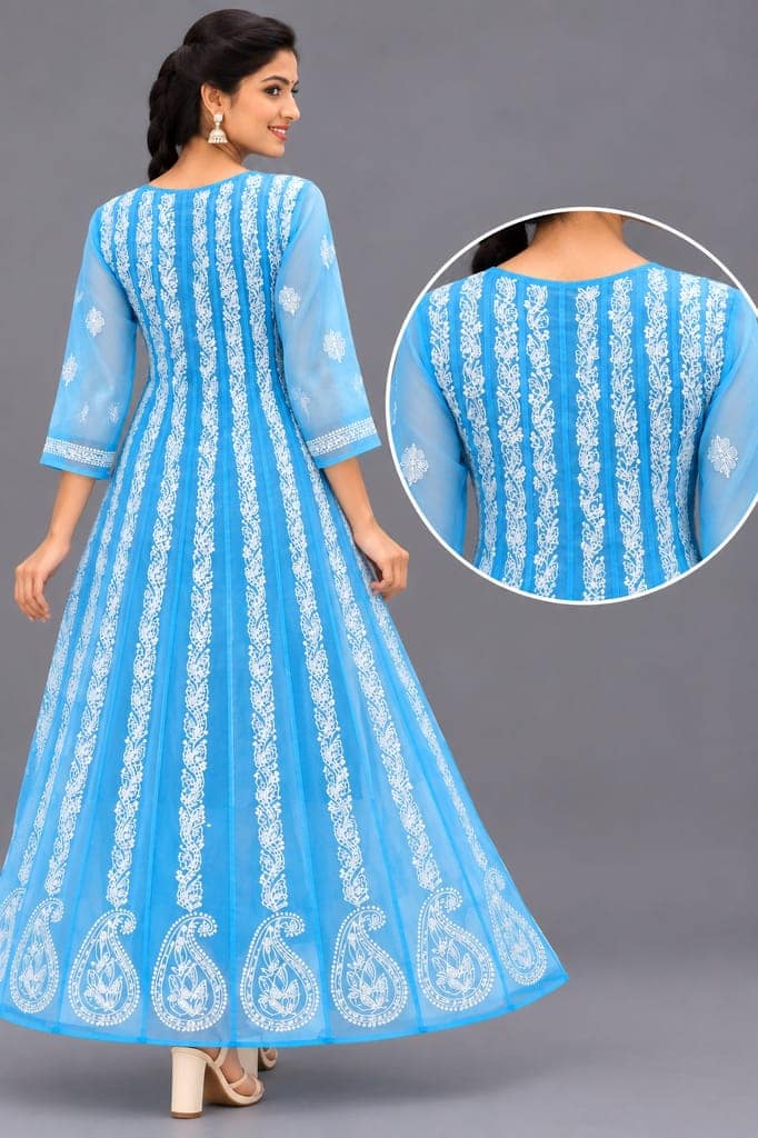 Mrs Right Women’s Lucknowi Chikankari Anarkali Kurta in Soft Georgette | Handcrafted Floral Embroidery | 3/4 Sleeves | 45 Inch Length | 74 Inch Flare | Festive Ethnic Wear view 4