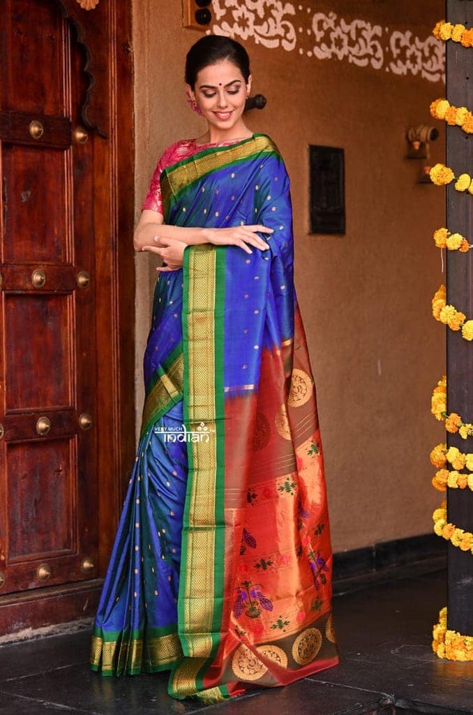 Rajsi~ Pure Silk Handloom Maharani Paithani - Dual Tone Blue Green (available in big floral buttis) view 2