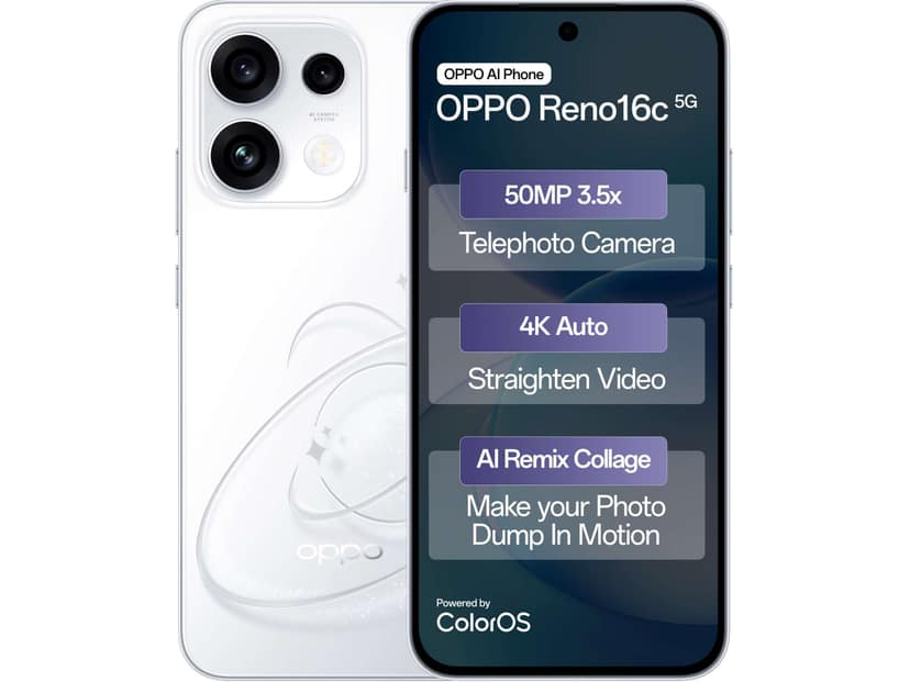 OPPO Reno 16c 5G Smartphone, 12GB RAM, 256GB Storage - Starry White