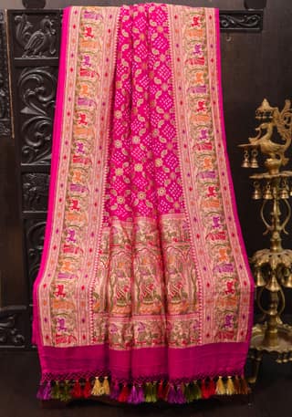 Exclusive Magenta Design Meenakari Jaal Pure Georgette Banarasi Saree with Authentic Hand Bandhej | SILK MARK CERTIFIED