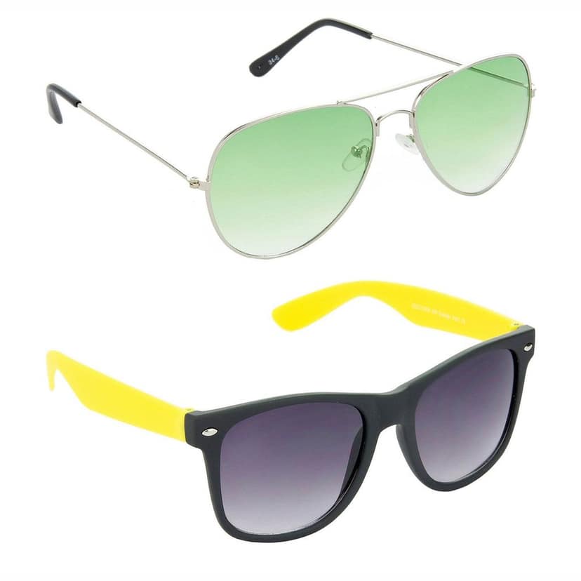 HRINKAR Men Women Boys & Girls Pilot & Rectangular Sunglasses Silver & Yellow Frame, Green & Grey Lens (Medium) Pack of - 2