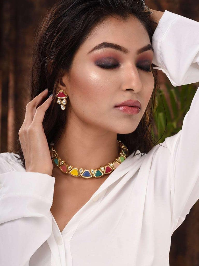 Gold Plated Multi Kundan studded modern Necklace Jewellery Set view 3