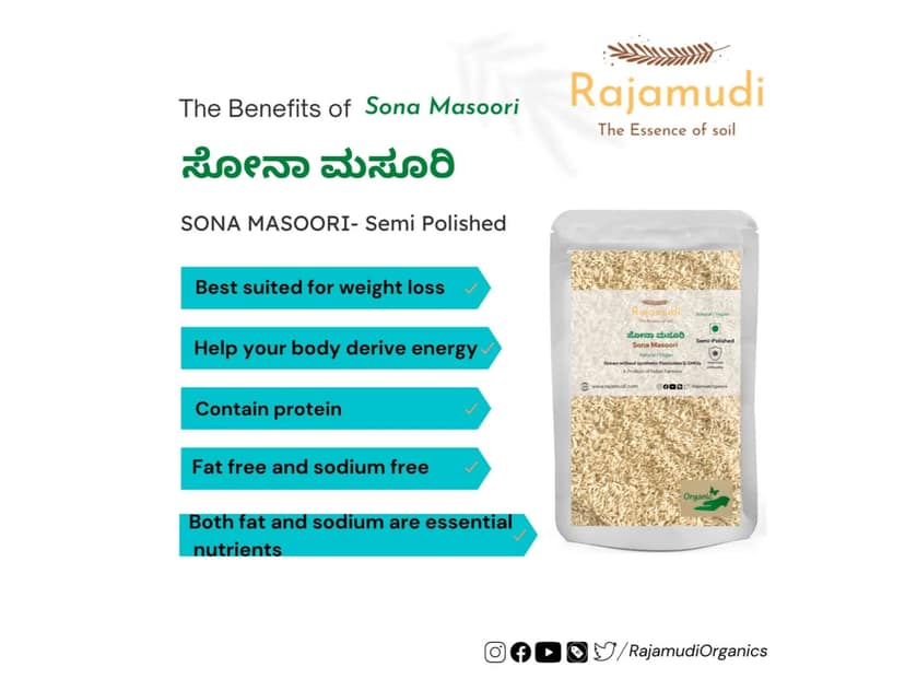 Rajamudi Organics Organic Sona Masoori Rice Semi Polished - 2 Kilogram view 2