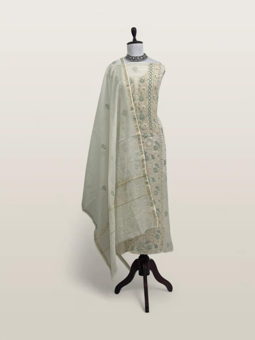 Chikankari Mul Chanderi Dress Material Ivory Peach Green