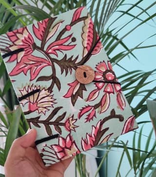 Handcrafted Light Blue Diary with Pink Floral Printed Design