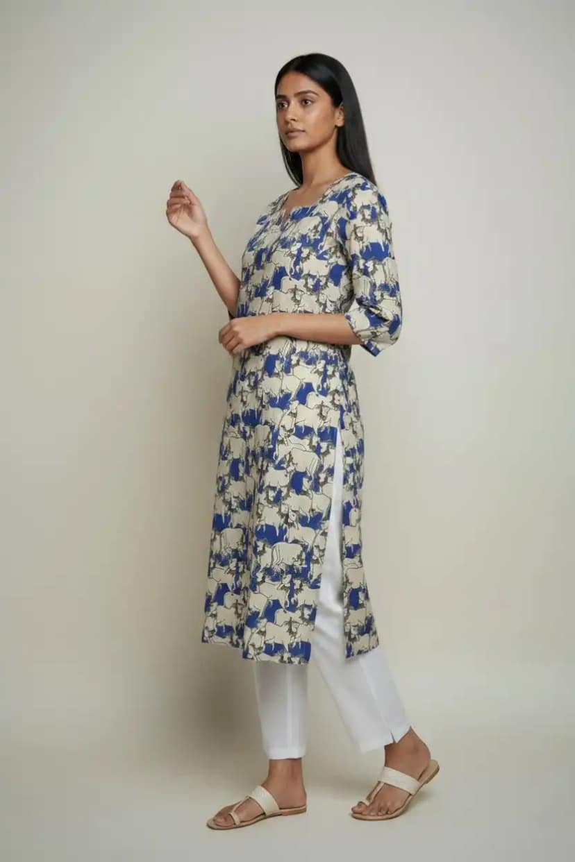 Pedana Kalamkari Screen-Printed Cotton Kurti in Cream and Blue view 2