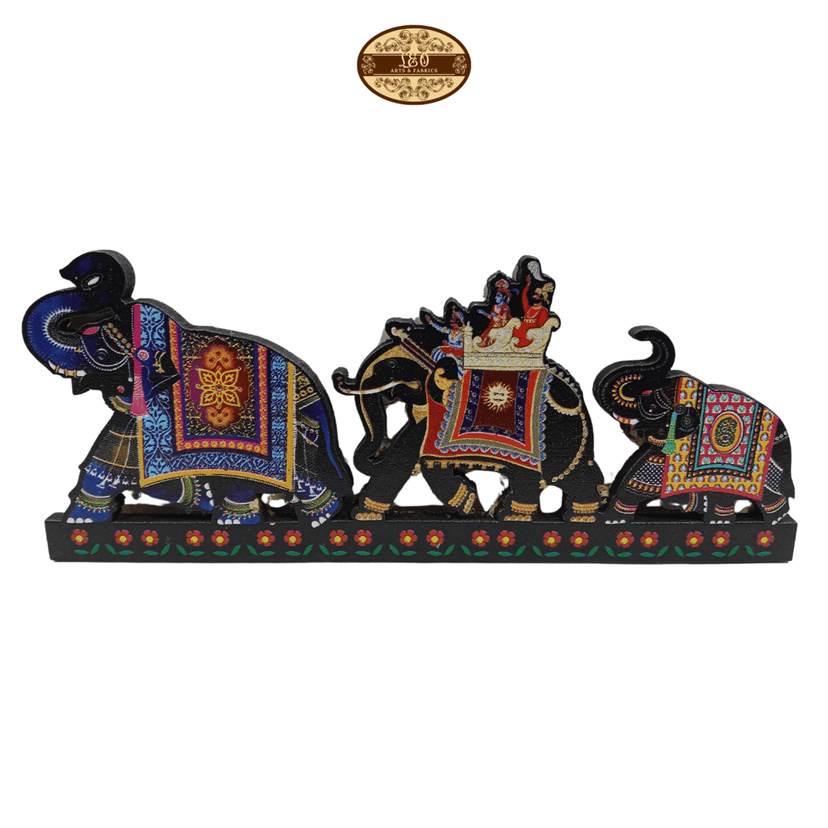 Handcrafted Indian Triple Elephant Caravan Fridge Magnet Decor Piece, Twin Salute Style, 15.5 x 6.5 x 0.5 cm
