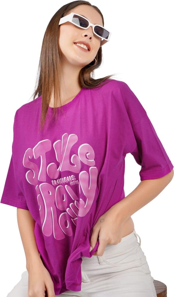 BlueFicus Printed Oversize Cotton Tshirt for Women Short Sleeve Tshirt for Casual Wear (Purple) view 7