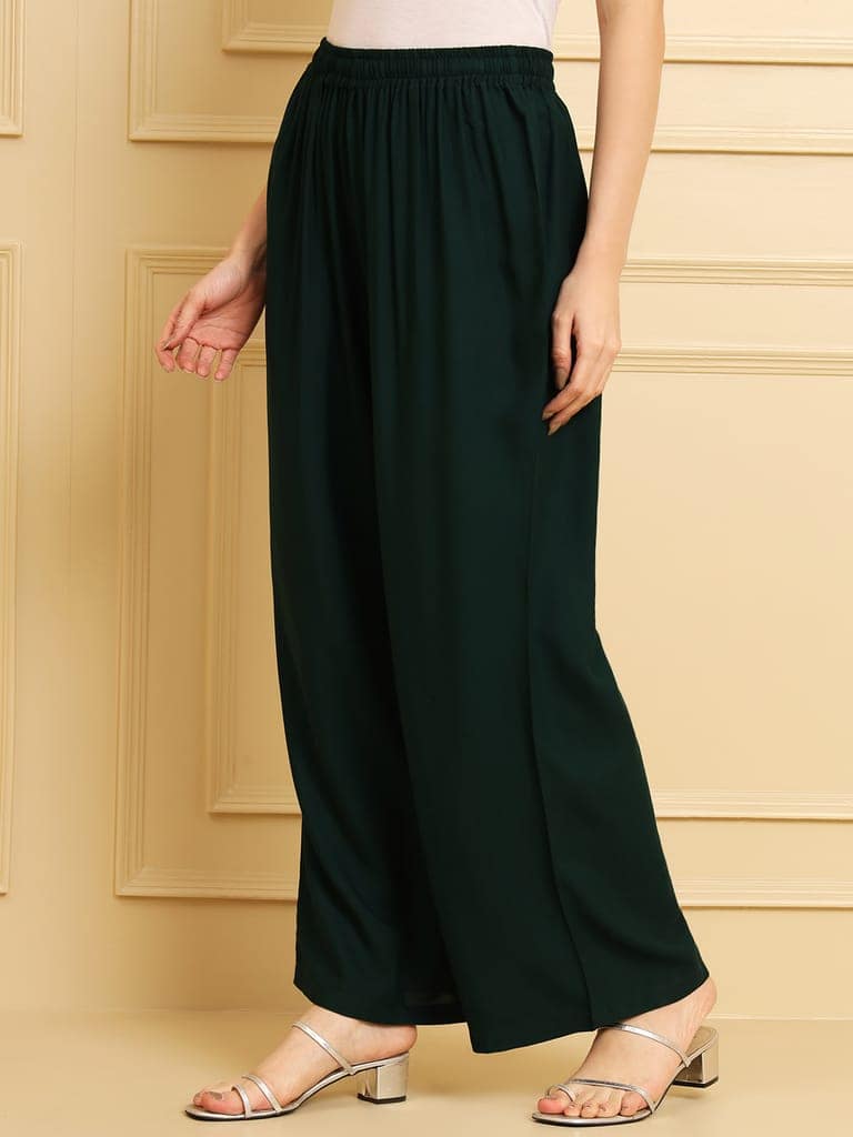 Soft Colors Regular Fit Pocket Palazzo (Bottle Green) view 2